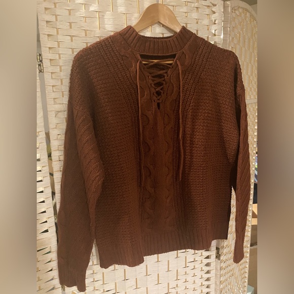 Dex Brown Long Sleeve Crisscross Knit Sweater Size L - Picture 1 of 7